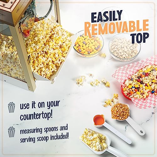 Vintage 8 Ounce Professional Popcorn and Dispensing Cart, Makes Up to 32 Cups, Three Storage Dispensers for Kernels, Candy, Nuts, Chocolate, Measuring Spoons and -Scoop Included