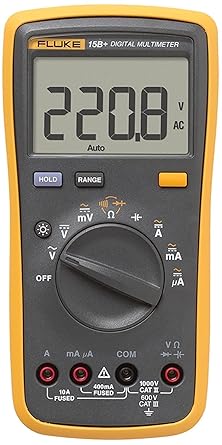 Fluke 15B+ Digital Multimeter 4000 Counts High Voltage Capability LCD Display Temperature & Humidity Resistance Altitude Compatibility Fuse Protection