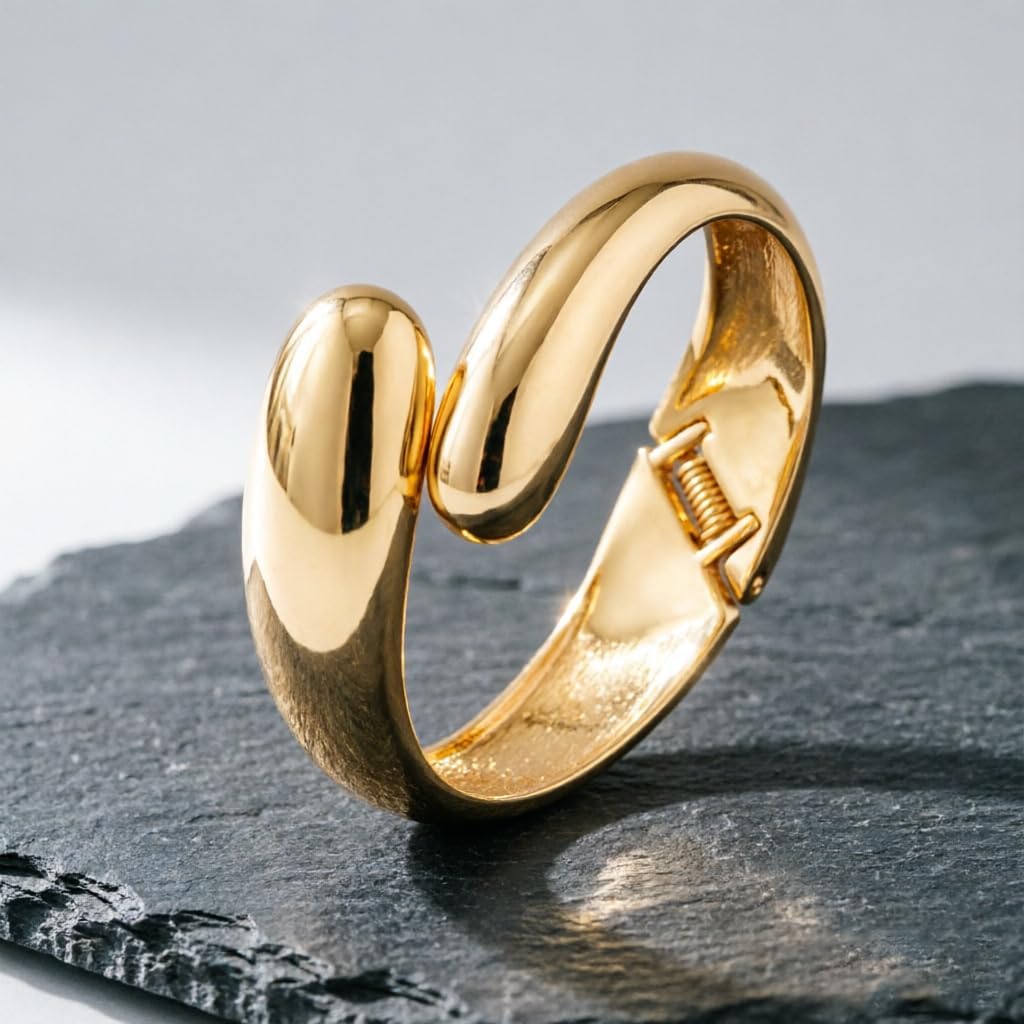 18K Gold Plated Cuff Bracelet Chunky Polished Statement Bangle with Spring Hinge for Women Fashion Minimalist Jewelry