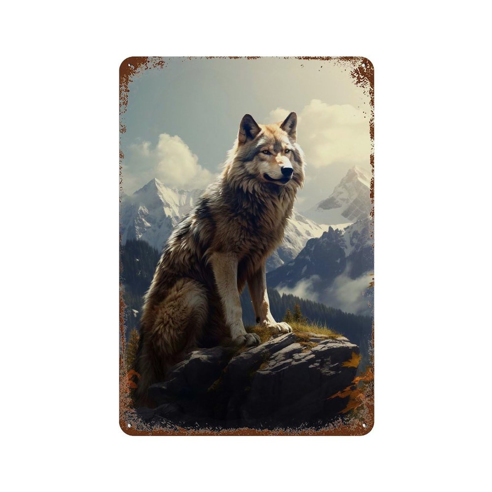 Wolf Mountains Rusty Metal Tin Sign 11.8"x7.9", Vintage Wall Decor for Garage, Pub Or Kitchen