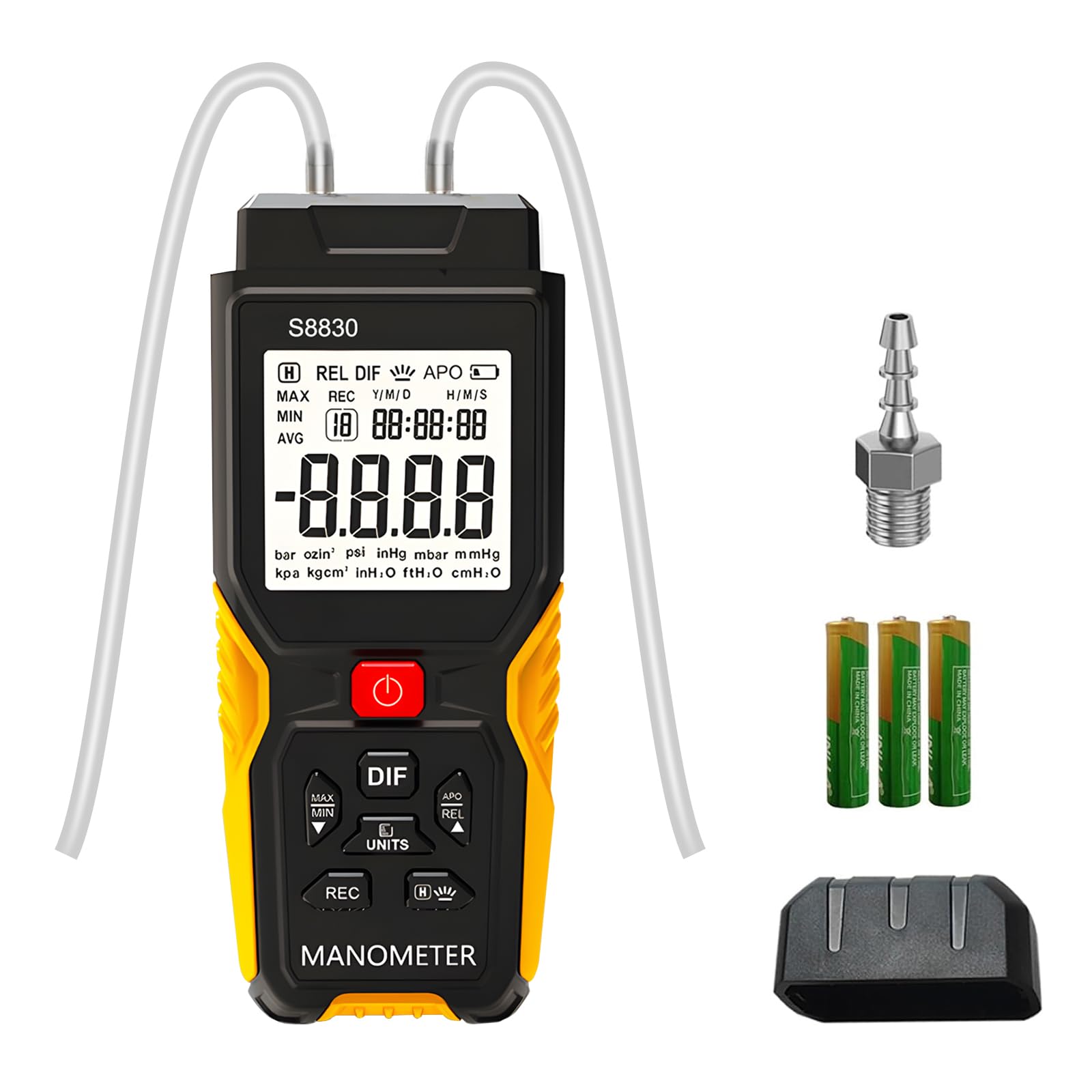 Manómetro digital de presión diferencial GR-T9-S8830, probador de presión profesional de doble puerto, medidor de presión retroiluminado LCD para aplicaciones de prueba de tuberías de gas natural