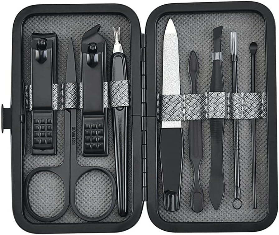 9pcs Stainless Steel Nail Clippers Set Scissores Tweezer Ear Pick Multi-Function Daily Hand Foot Care Tools (Color : A, Size : 10.8 * 6 * 2.2cm) (A 10.8 * 6 * 2.2cm)