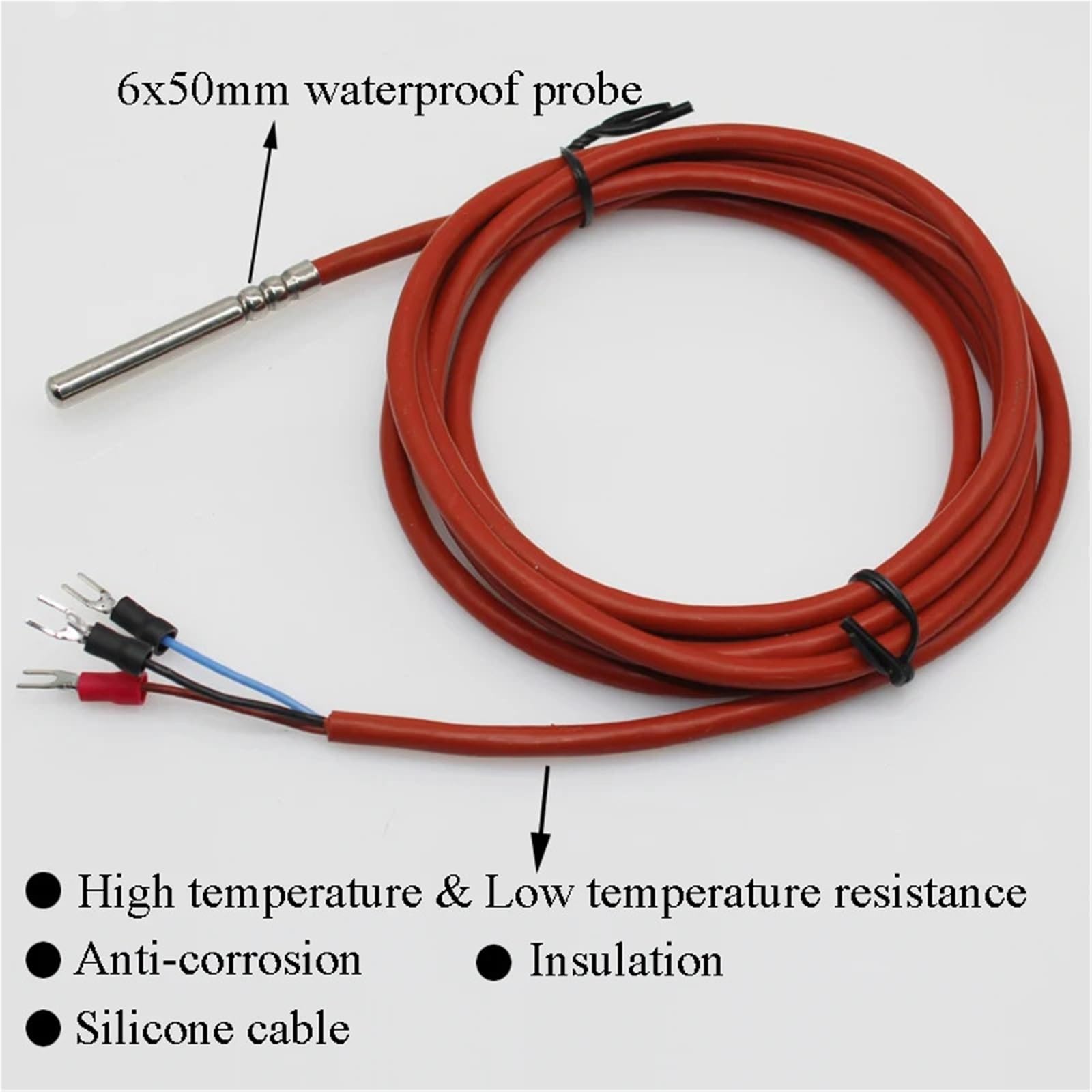6 termopar PT100 de 50 mm, 3 cables, sonda de temperatura impermeable, sensor de termopar de alta temperatura con cable de silicona