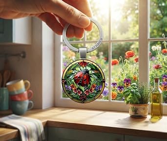 Decorative Lucky Ladybug Garden Keyring, Stained Glass Design
