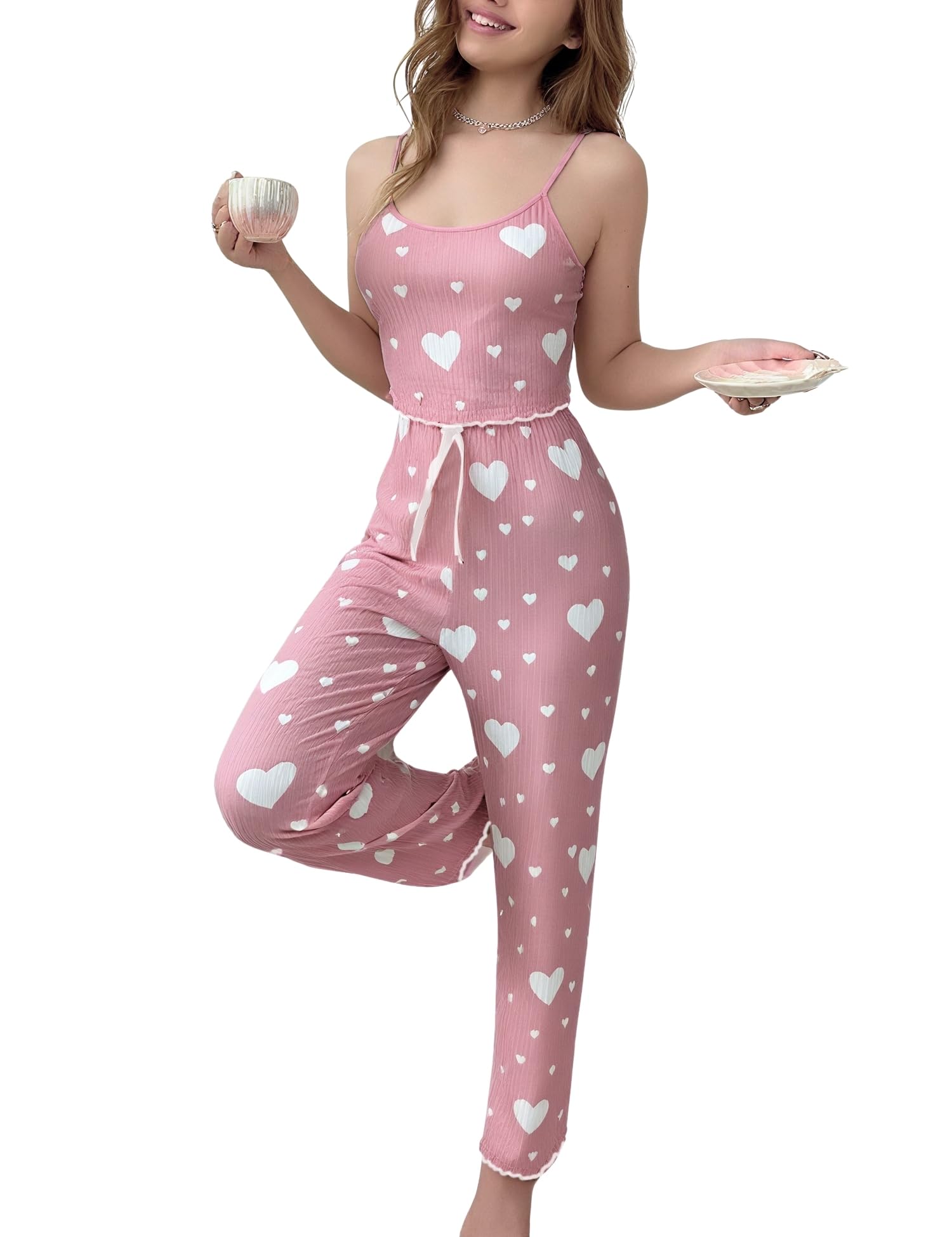 Women’s 2 Pieces Heart Print Pajama Set Sleeveless Cami Top + High Waist Pants, Comfortable Trousers Pjs Set Soft Loungewear Cute Sleepwear Set