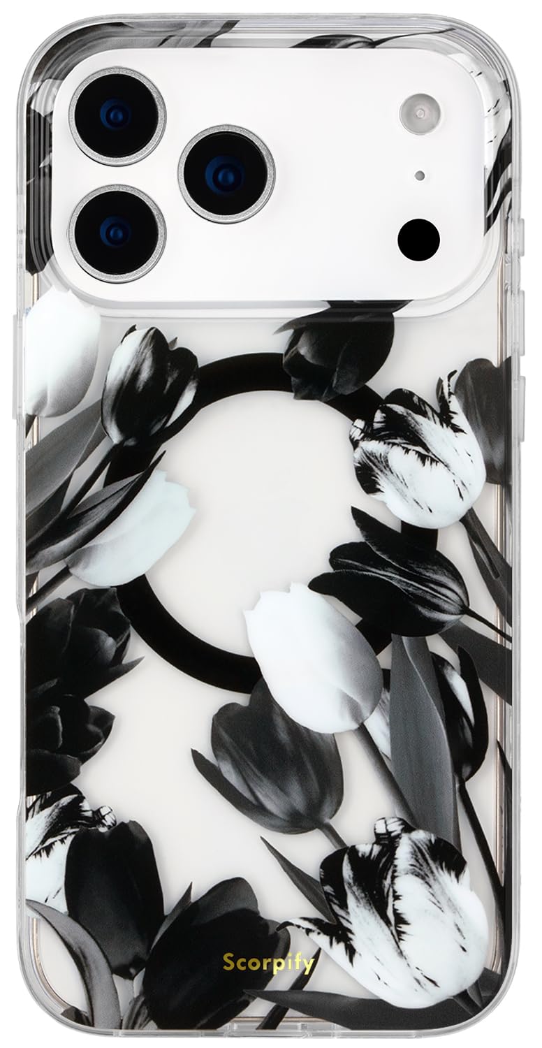 SCORPIFY for iPhone 17 Pro Max Case [Compatible with MagSafe] with Black Tulip Floral Design, Cute Clear Flower Magnetic Phone Cover for Women Girls, [Non Yellowing] Slim Shockproof Bumper