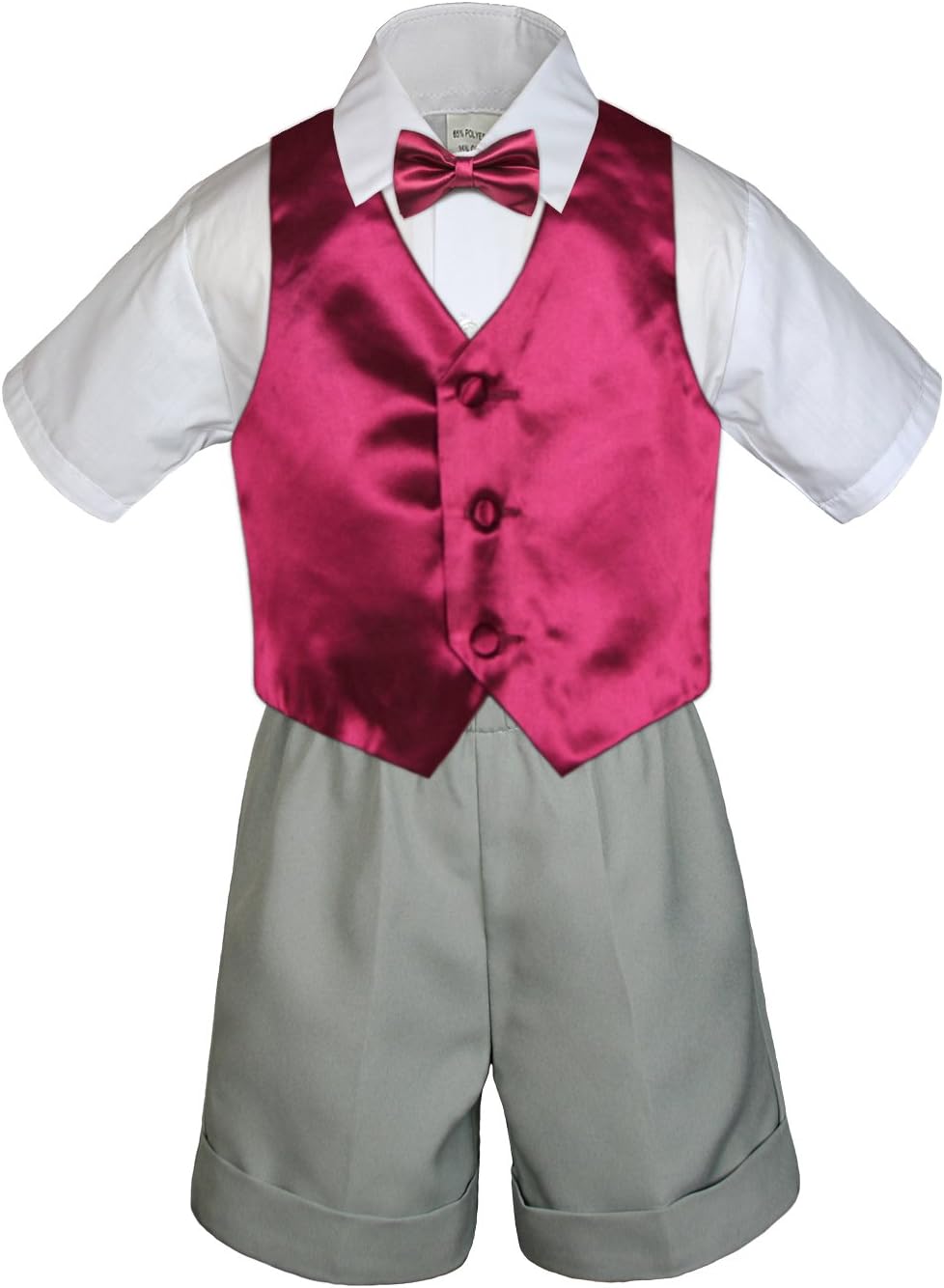 7pc Baby Boys Grey Formal Shorts Check Suits Extra Vest Bow Tie Sets S-4T