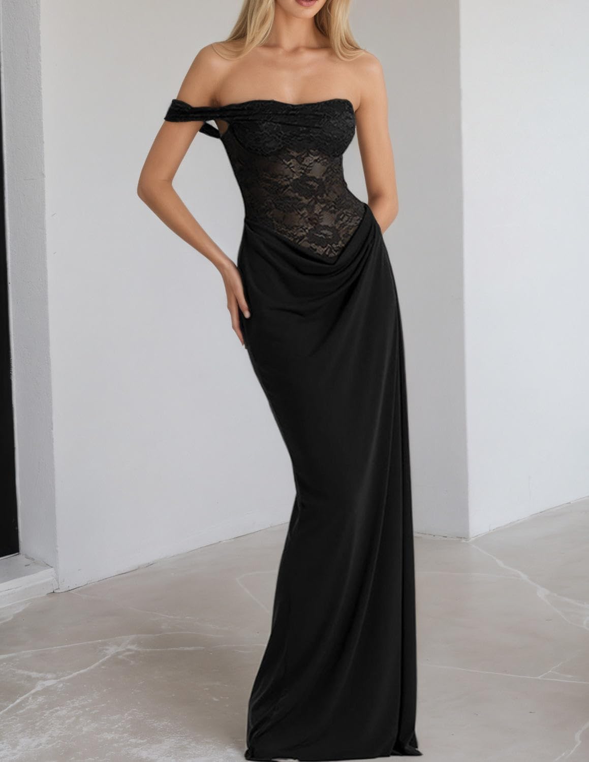 Womens Sexy Sheer Off Shoulder Bodycon Maxi Dress Lace Panel Split Cocktail Evening Wedding Guest Long Dresses