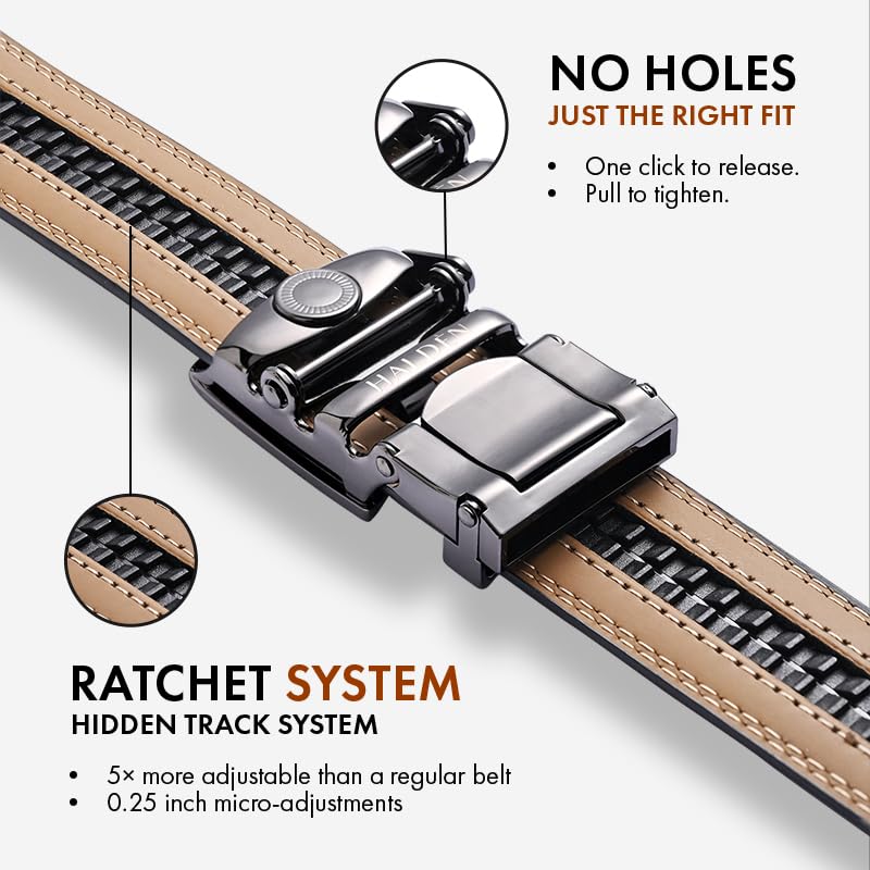 Image of HALDEN THEO Brown Belt For Men Leather Original (Adjustable Fits Up to 44 Inch Waist) Ratchet Strap with Classic Buckle & Magnetic Auto-lock
