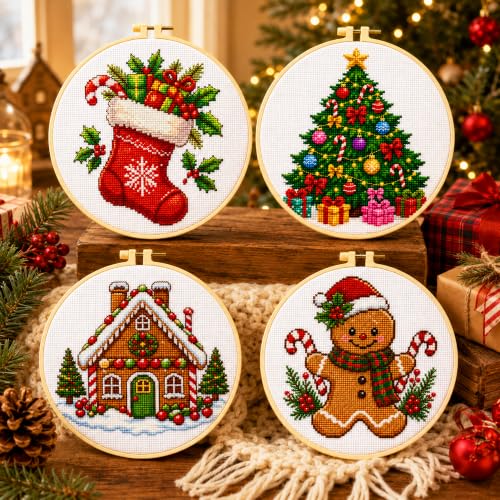 Image of Zhenqing 4 Christmas Cross Stitch Kit, 11CT Stamped Holiday Set | 4 festive 11CT printed designs with 30% extra floss, tools, English guides, and stiffened fabric for hoop-free stitching.