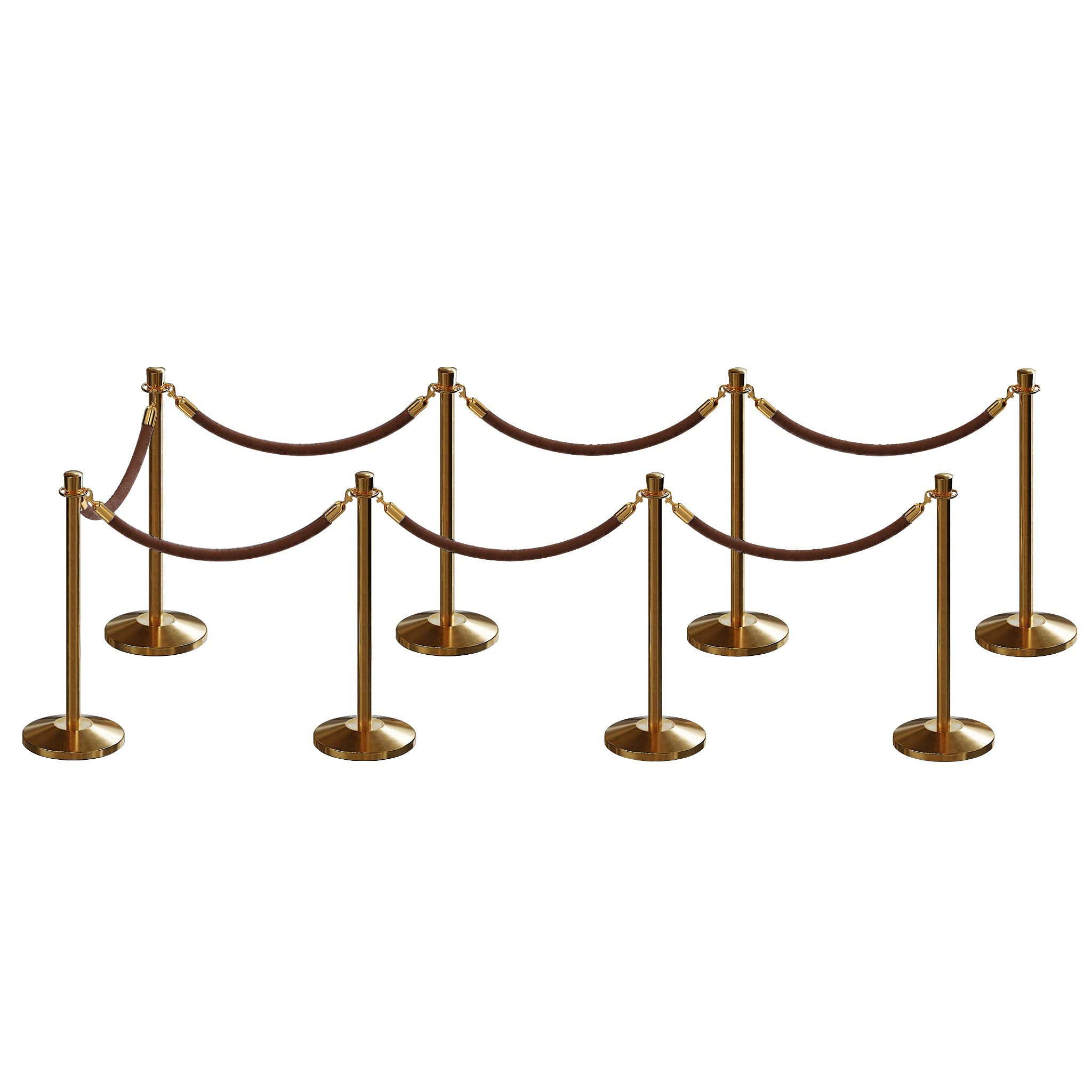 CCW Post and Rope Stanchion Kit with 8 Satin Brass Crown Top Posts and 7 Tan Heavy Duty Velvet Cotton Core Ropes (6ft.Each) in Satin Brass Snap Ends