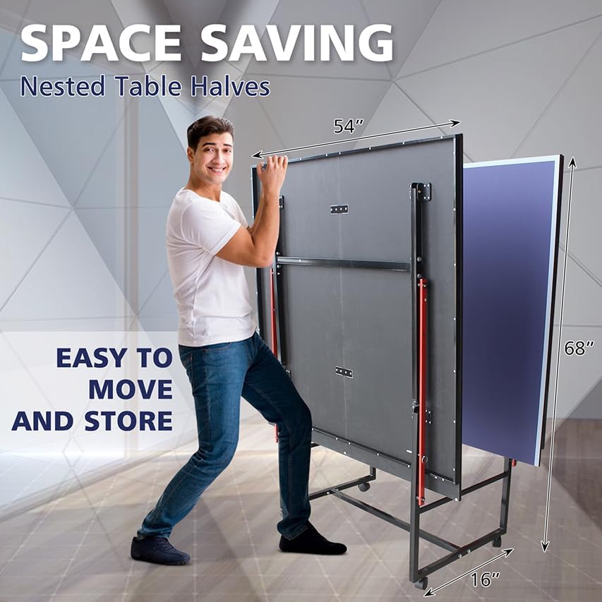 8FT Folding Rolling Table Tennis Table Indoor/Outdoor Table Tennis Table, 2 Rackets, 3 Balls, 1 Net and 4 Wheels Set Behind It for Easy Movement-Blue