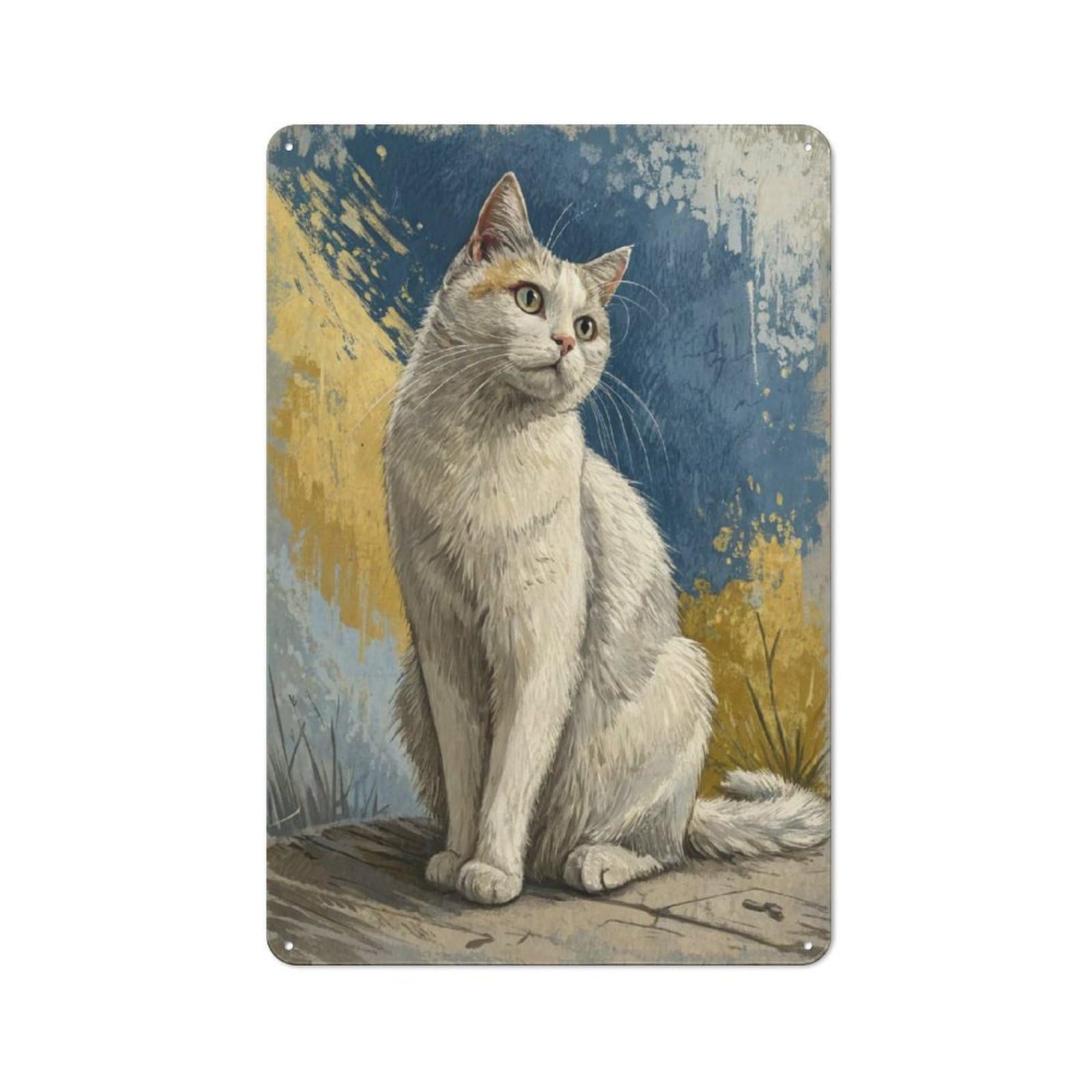 Junmoney Style-24 Tin Wall Plaque 30X20cm With Painting Of A White Cat Sitting For Garage Wall, For People Furnishing A Garage, For Retro Home Interiors