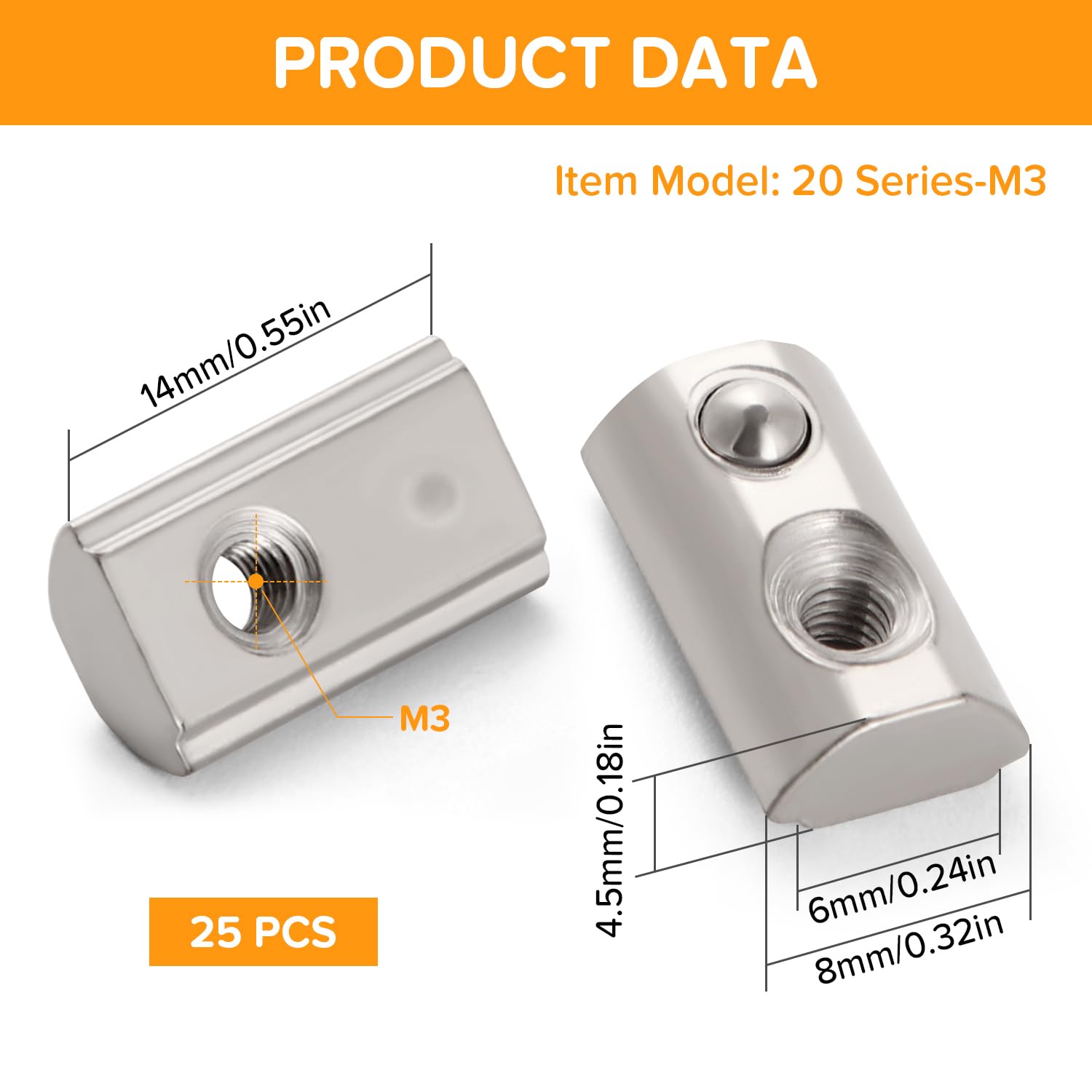 Lyeteung 25 PCS 20 Series M3 T Spring Nuts, Roll-in Spring T Nut, Half Round Roll in Spring T Slot Nut - Image 2
