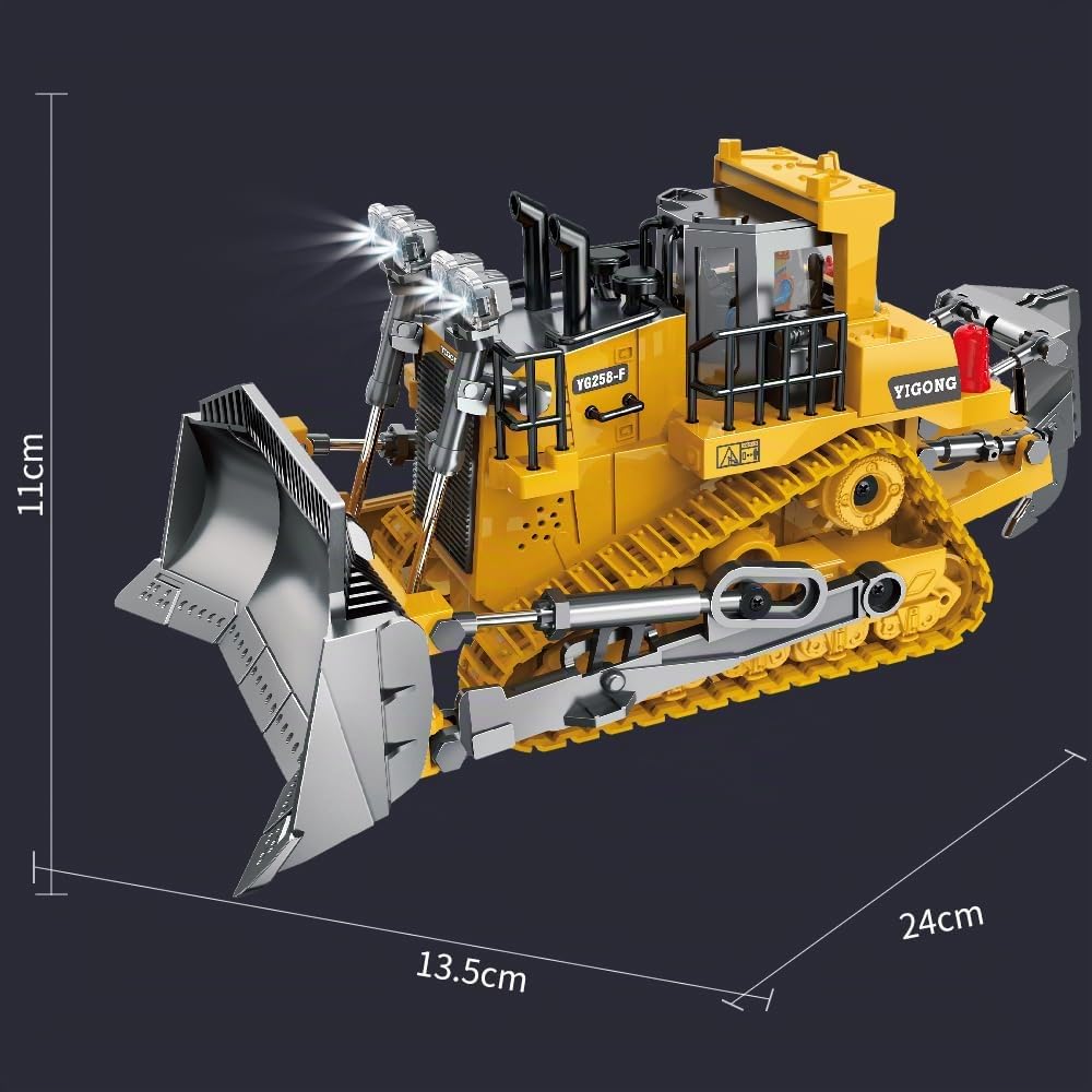 Bulldozer teledirigido juguete para niños a partir de 6 – 12 niños, 9 canales 1/24 RC vehículo de construcción con luz y efectos de sonido