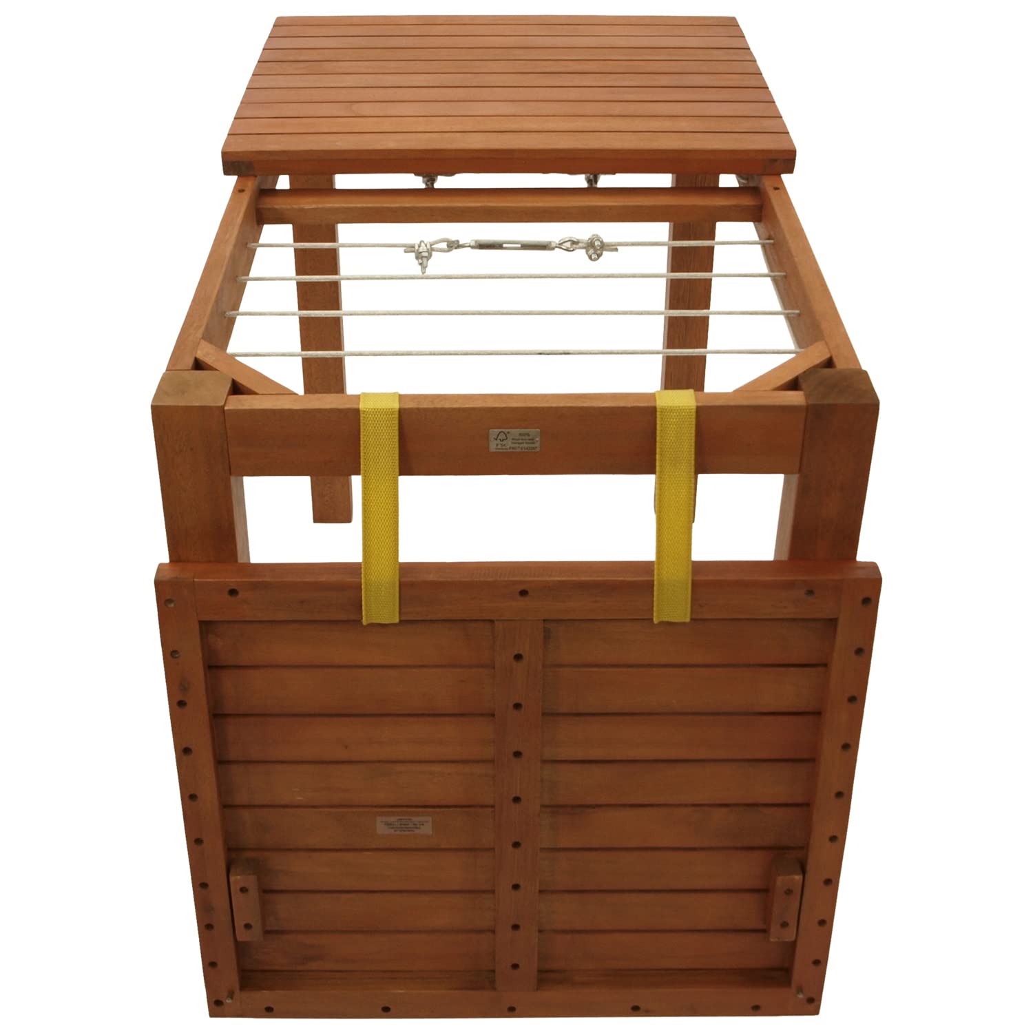 DEGAMO Funktions Gartentisch mit Wäscheständerfunktion, 100x60x75cm, Eukalyptus braun geölt, FSC®-Zertifiziert, Outdoor und Indoor