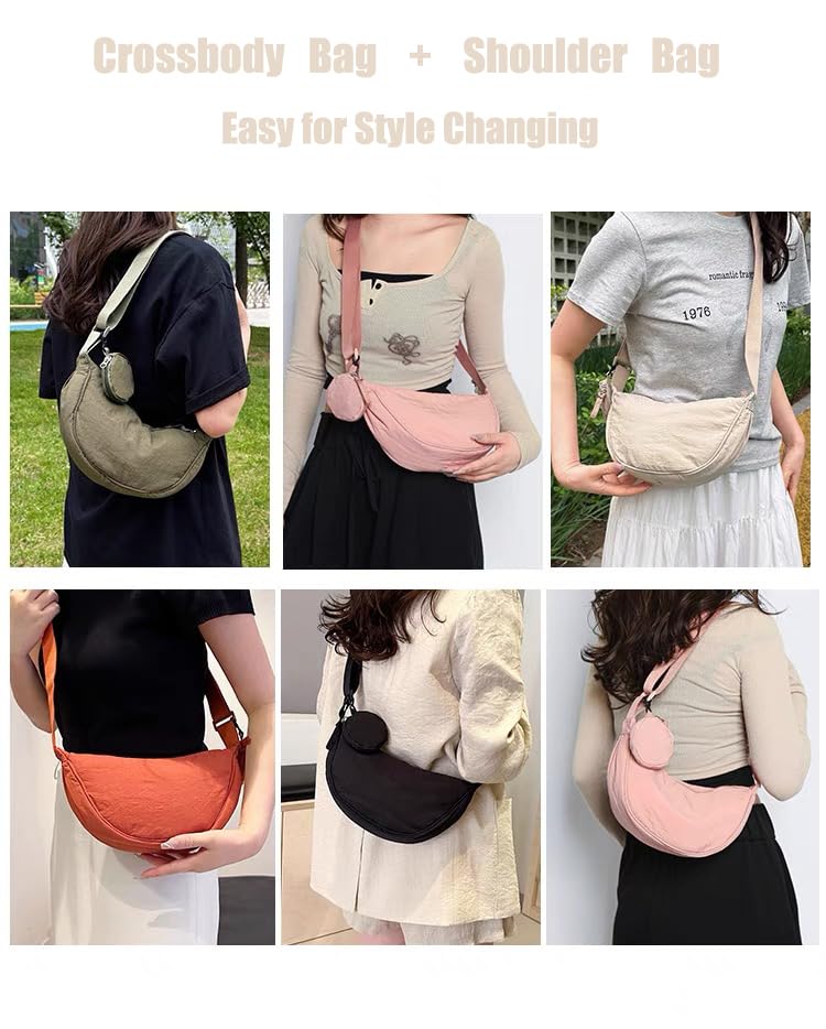Image of Crossbody Bag with Coin Purse Hobo Sling Crescent Bag Women Men Trendy Small Nylon Shoulder Bag Purse Adjustable Strap