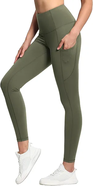 THE GYM PEOPLE Thick High Waist Yoga Pants with Pockets, Tummy Control Workout Running Yoga Leggings for Women Olive Green