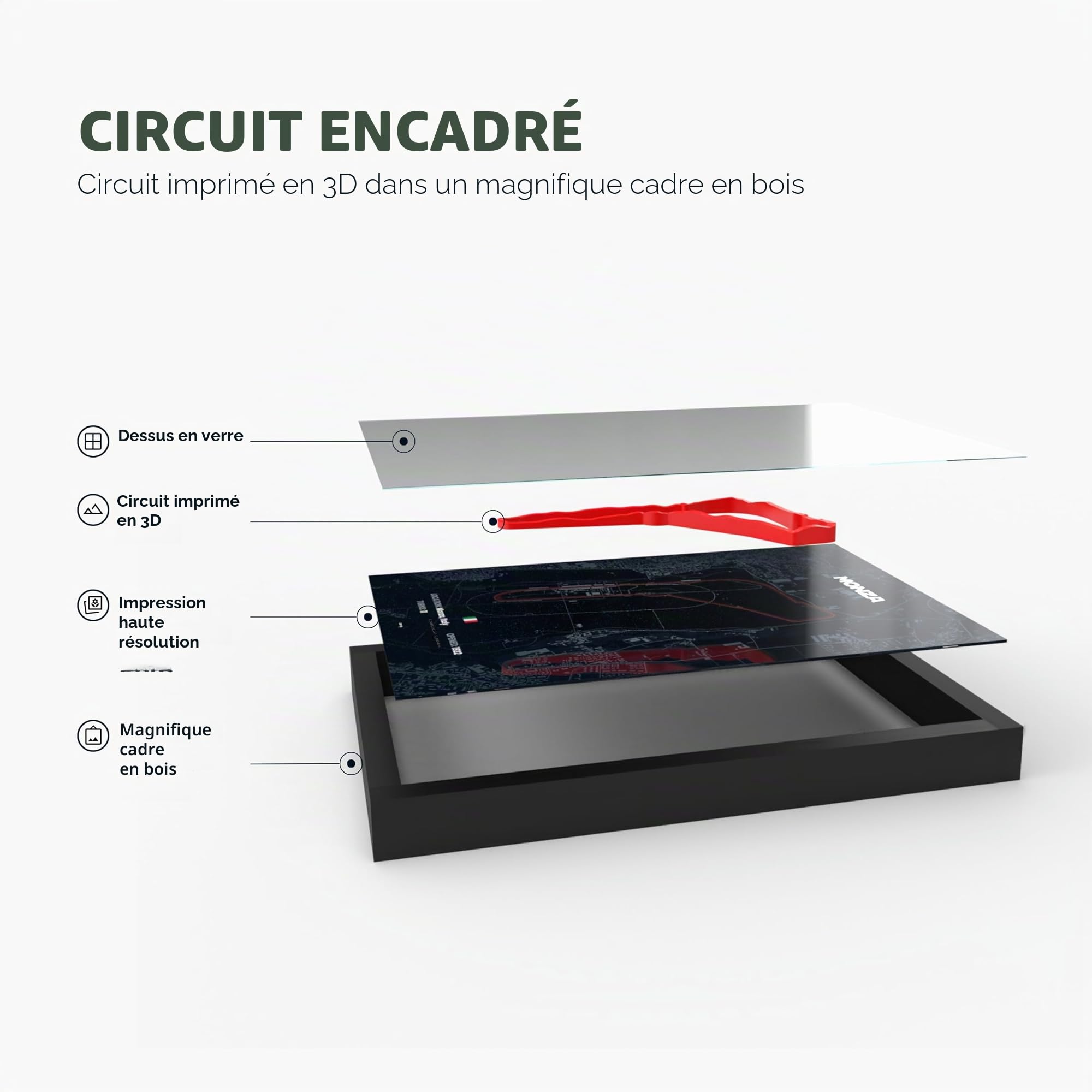 Monaco Poster 3D Motorsport A4 avec cadre en bois I Impression 3D de qualité supérieure I 2000 dpi I Papier 280 g I Art de course 3D comme décoration pour mur, bureau et bureau ou comme cadeau I
