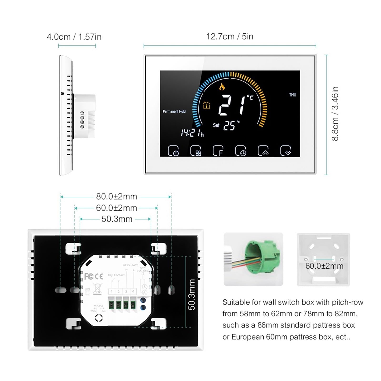 Termostato inteligente, Termostato intelinte, controlador de temperatura for caldera de Gas, calefacción por suelo radiante eléctrica, pantalla de humedad(White no wifi)