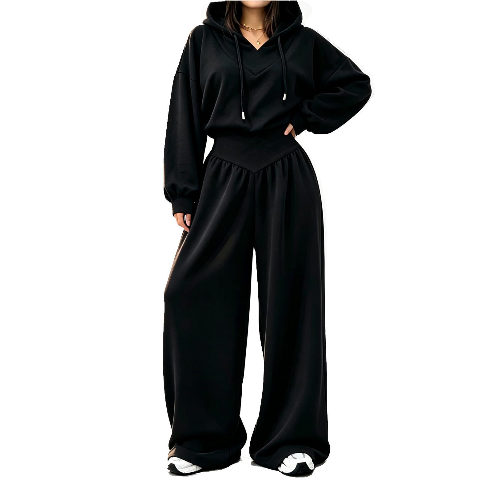 Taglie Forti Due Pezzi Completo Donna Casual Matching Set con Cappuccio
