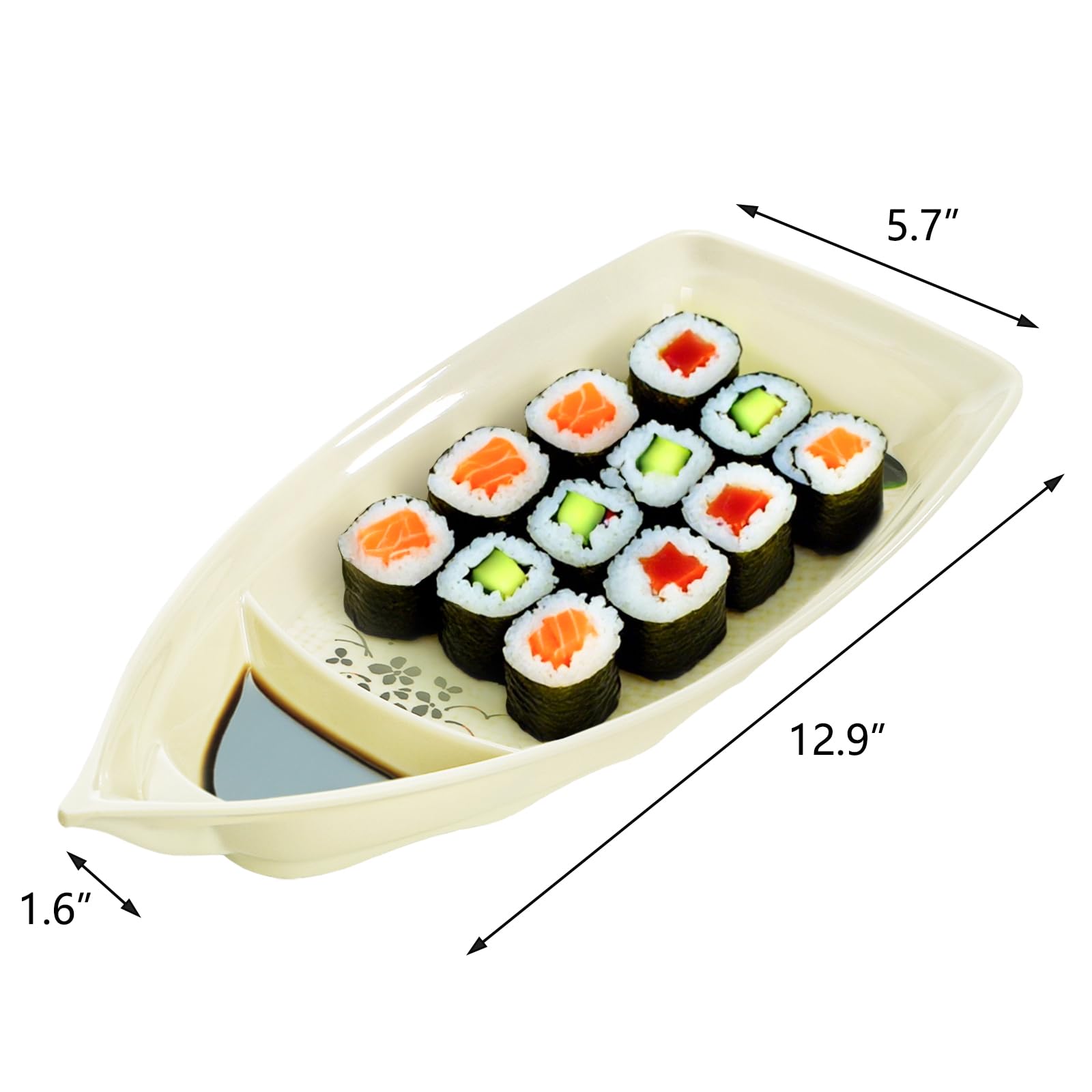 Paquete de 2 platos en forma de barco de sushi, bandeja para servir sushi sashimi, plato de plástico de melamina casi irrompible, apto para lavavajillas, 12.9 x 5.7 pulgadas 3