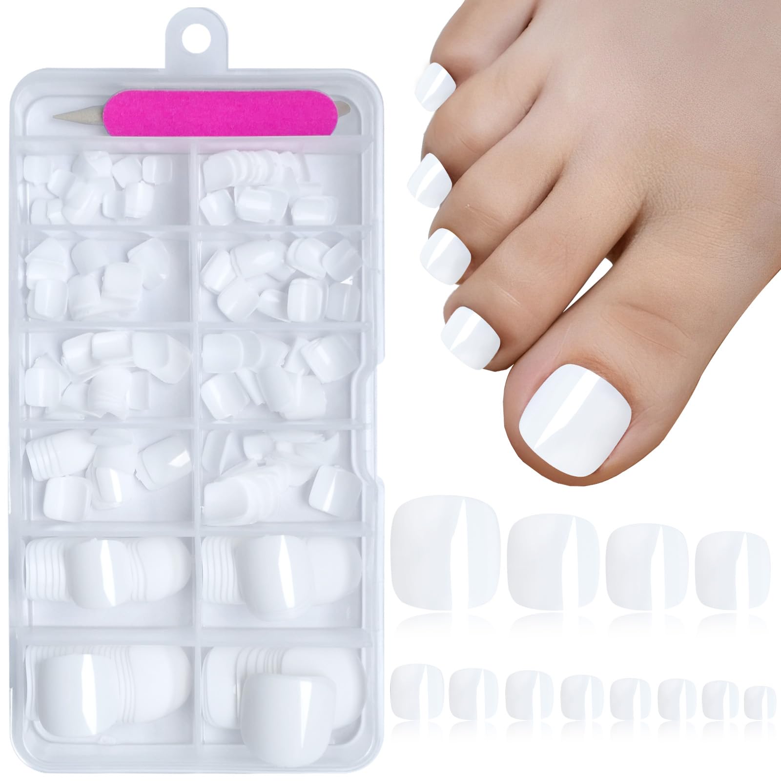 EternalClassic White Press on Toenails, 240pcs Toe Nails Press ons Short Square Glossy Acrylic Fake Toenails for Women
