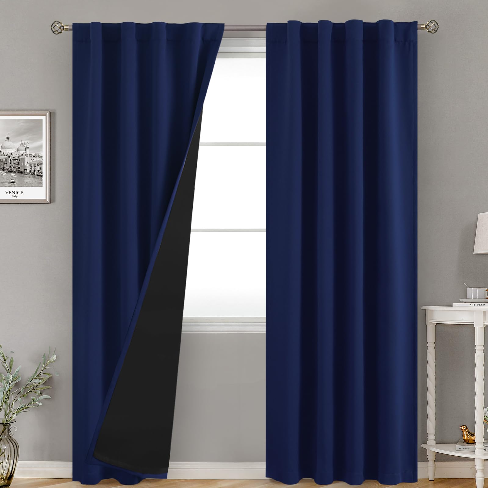 BGment Navy Blue 100% Blackout Curtains for Bedroom, Black Out Living Room 84 inch Panels with Thermal Liner, Rod Pocket and Back Tab Double Layer