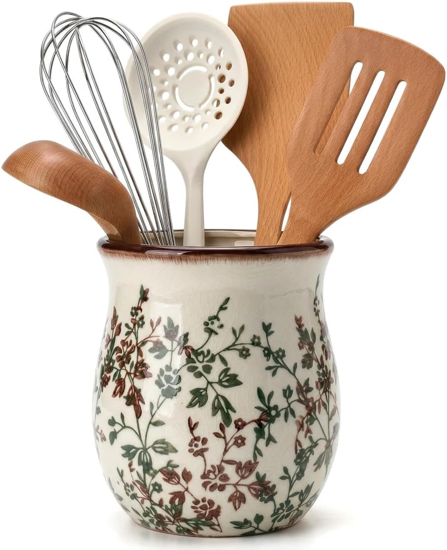 Ceramic Utensil Holder for Kitchen Counter, Floral Cooking Utensil Crock and Organizer, Farmhouse Kitchen Decor for Wooden Spoons, Spatulas, Ladles, Whisks and Rolling Pins