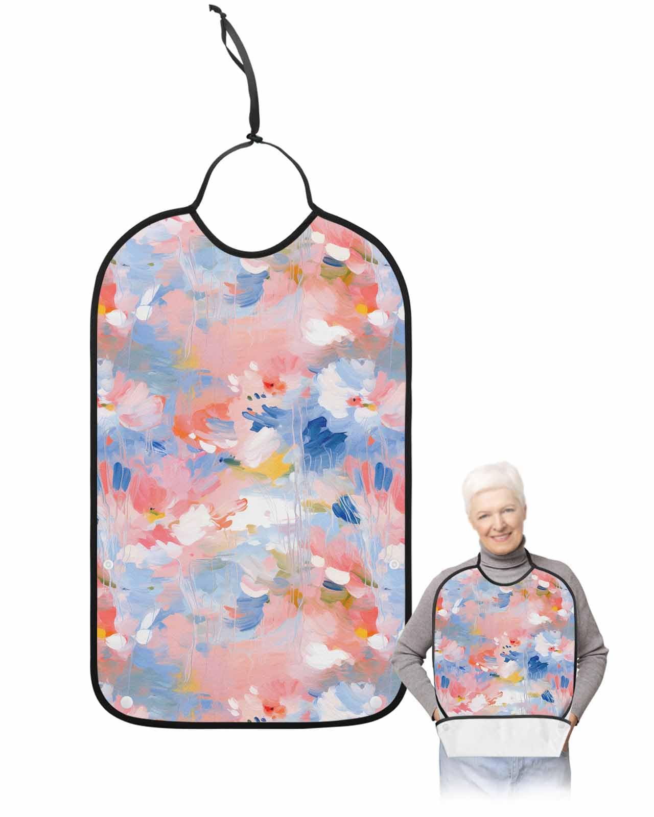 LEOKOTI Pink Blue Adult Bibs for Eating, Waterproof Bibs with Food Catcher & Adjustable Snap Closure, Contemporary Abstract Art Oil Painting Washable Clothing Protectors Adult Bibs for Elderly