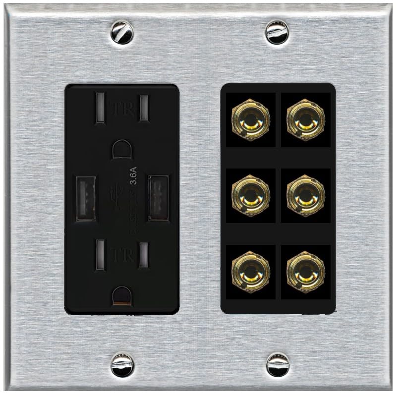 RiteAV 6 Banana 3 Speaker Surround Female Coupler Binding Post Wall Plate - USB Outlet [Ivory/White]