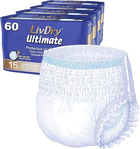 LivDry Large Ultimate - Ropa interior para incontinencia para adultos, alta absorción, protección contra fugas, L, paquete de 60 unidades