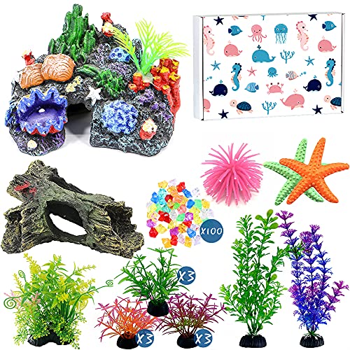 Large Aquarium Decorations, Betta Fish Tank Accessories Decorations with Rocks and Plastic Plants, Beta Fish Tank Decor Set for Fish Aquarium Ornaments