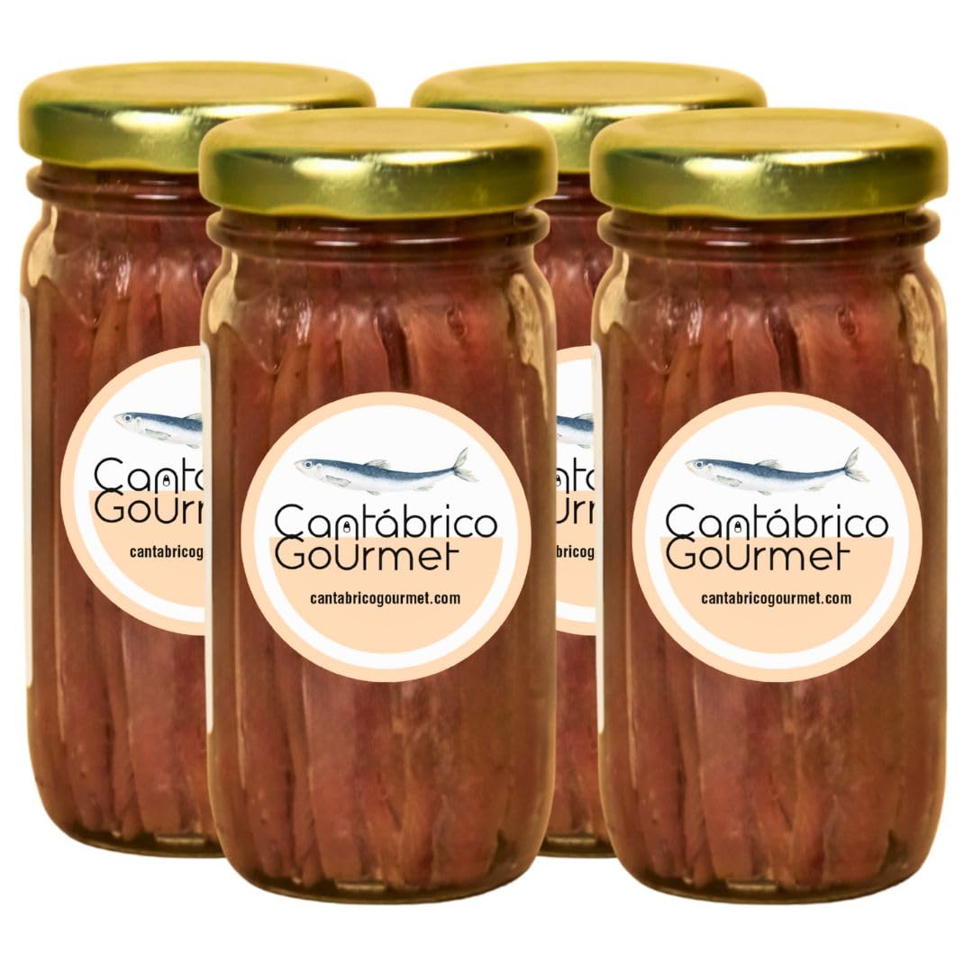 Anchois de Cantabrie Cantabrico Gourmet | Pack de 4 bocaux en verre (400 g) (64/80 filets) | Élaboration artisanale avec des anchois de Santoña