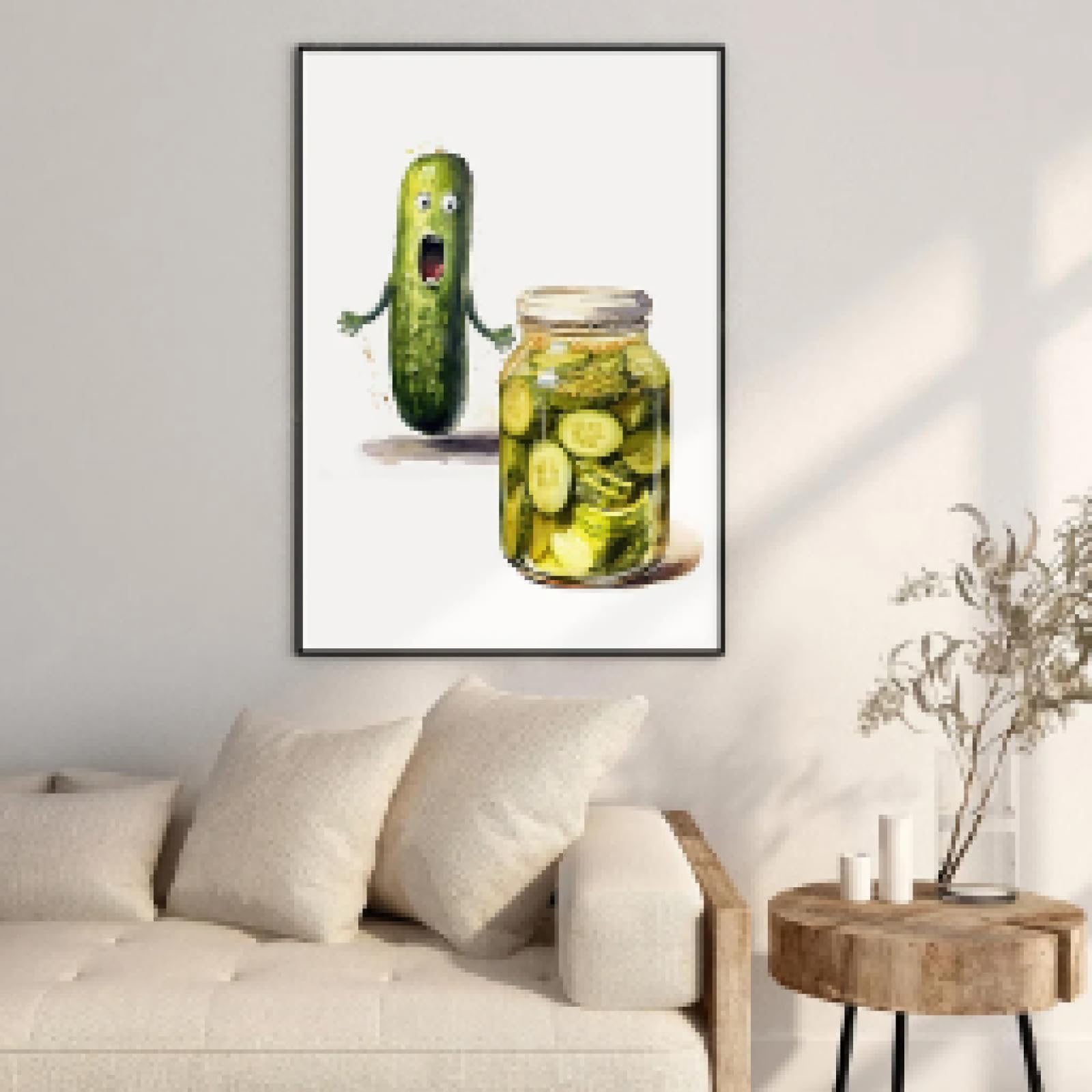 LMAIWANG Leinwandbild mit Gurken- und Essiggurken-Motiv, skurriles, lustiges Poster, Essiggurken-Aquarelldruck, Wandkunstbild für Küchendekoration, 60 x 80 cm, Rahmen