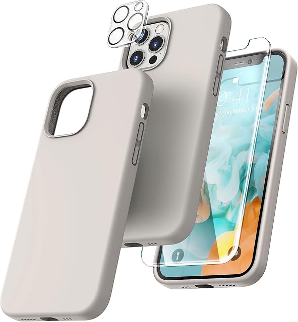 TOCOL 5 in 1 for iPhone 12 Pro Max Case 6.7", with 2 Pack Screen Protector + 2 Pack Camera Lens Protector, Liquid Silicone Slim Shockproof Full-Body Cover [Anti-Scratch] [Drop Protection], Stone