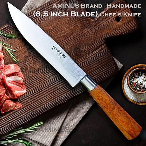 Image of AMINUS Brand - Handmade Premium High Carbon Steel 8.5 inch Blade Chef's Knife, Silver (Wooden Handle)