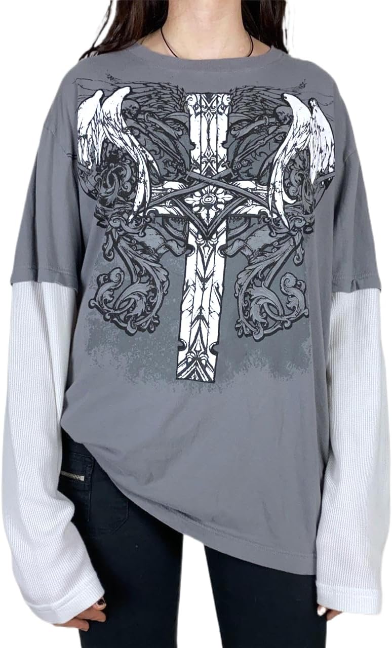 【ariadnaw】 long sleeve 00s y2k フェアリーグランジ Womens Y2k Fairy Grunge Graphic Long Sleeve Tees Tops E