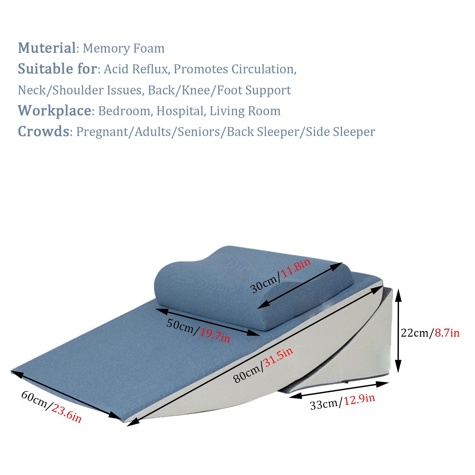 AMUFJJ Cuscino antireflusso Adulti Cuscino a Cuneo Lungo 80 cm, Cuneo da Letto per Dormire con reflusso Acido/Supporto per la Schiena e la Vita, Cunei per Cuscini per Anziani/Adulti/Incinte