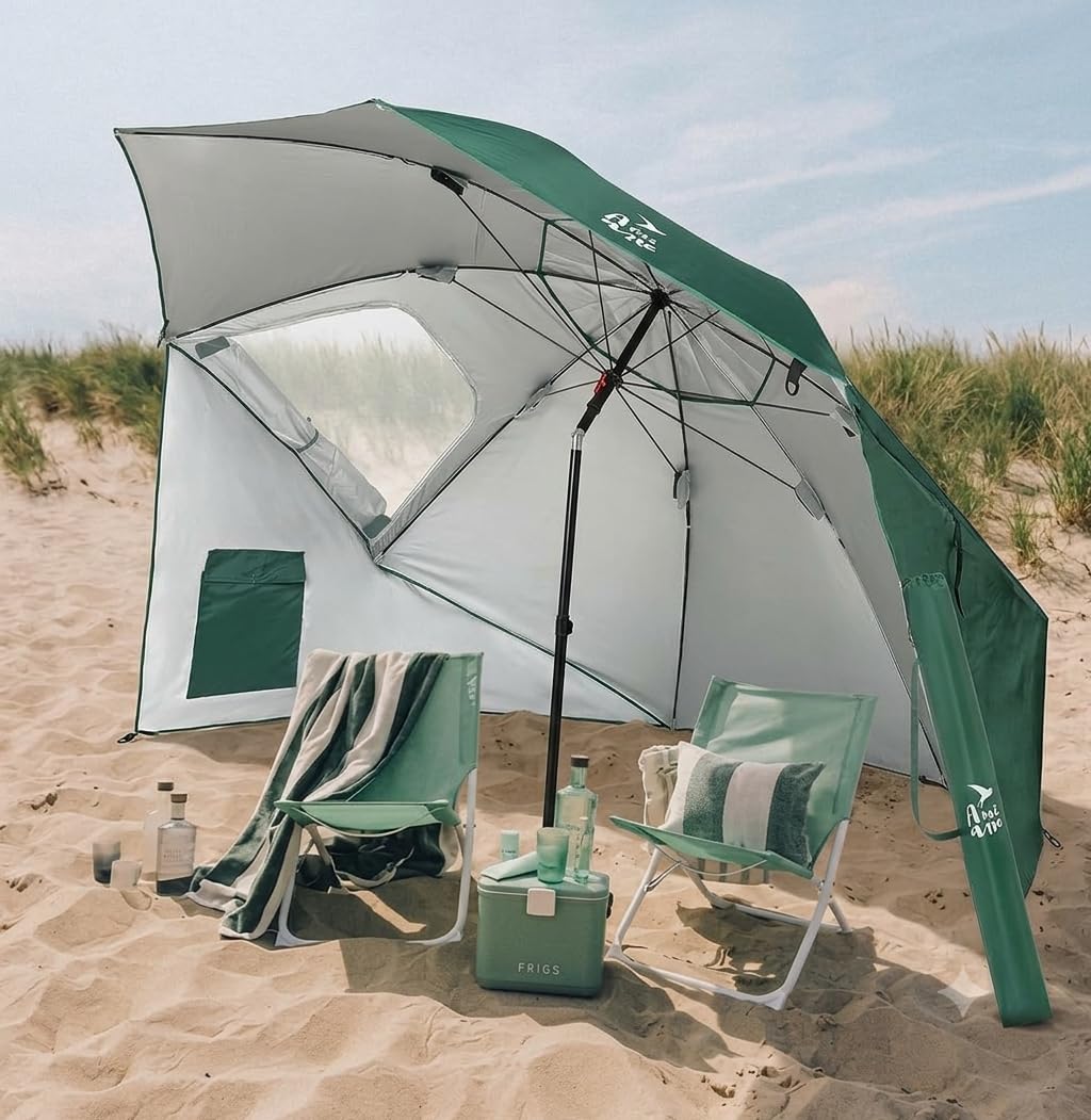 Sombrilla Playa Grande 240 cm Antiviento – Refugio 3 en 1 con Paredes, Ventanas y Bolsillos | Protección UV50+ 97%, Impermeable, 8 Piquetas y 4 Tensores, Bolsa