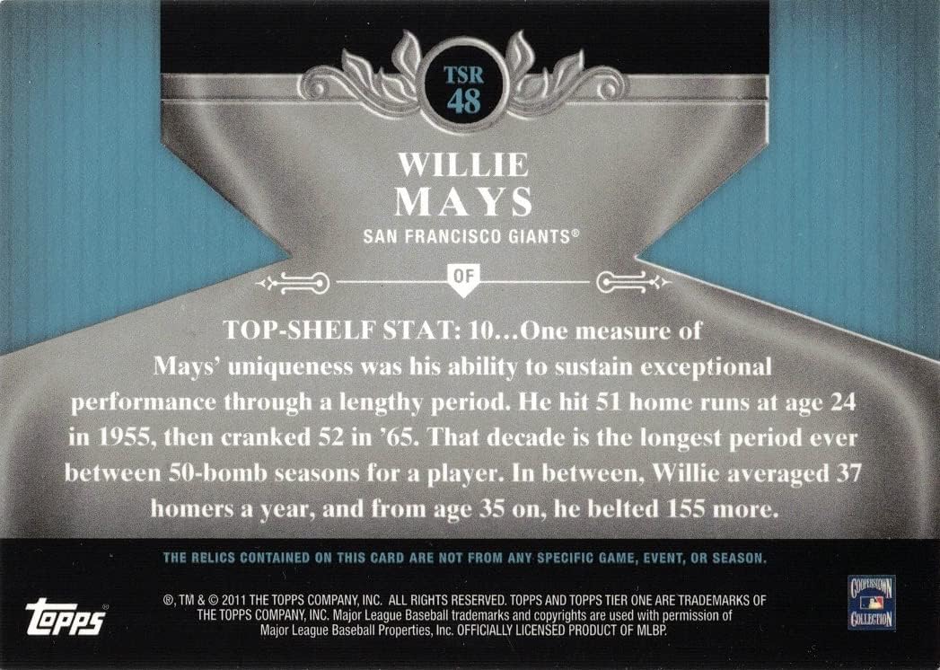 2011 Topps Tier One Top Shelf Relics Baseball #TSR48 Willie Mays Game Used Bat Card - Only 399 made!