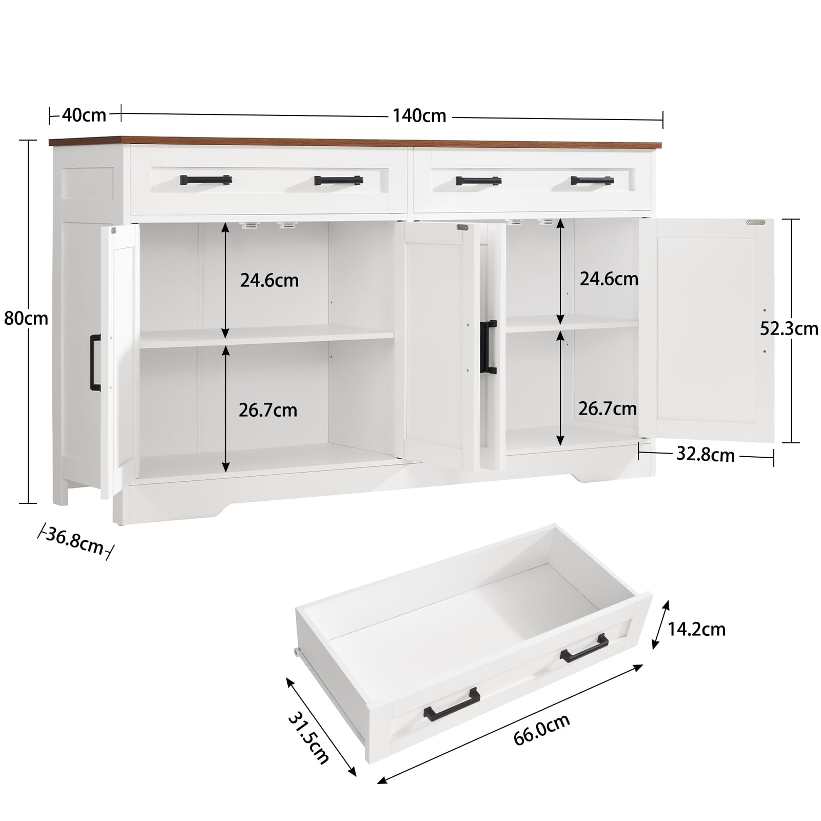 TEENFON Buffet Cuisine 140cm pour Salon et Salle à Manger, Meuble de Rangement avec 2 Grands Tiroirs et 4 Portes, Économiseur d'Espace avec Étagère Réglable, Blanc 140x40x80 cm