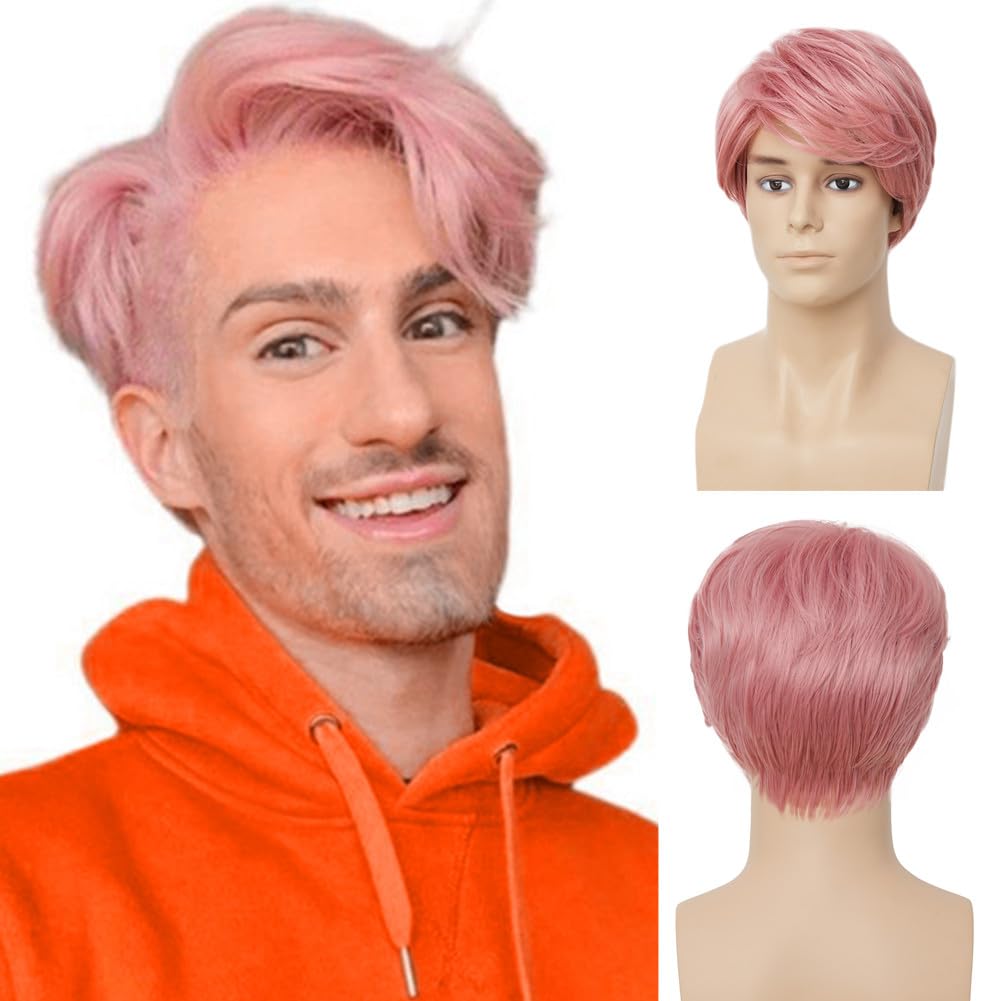 Pink Mens Short Wig Layered Side Part Synthetic Wig Natural Fluffy Male Hair Wig With Bangs for Halloween Cosplay Daily Use