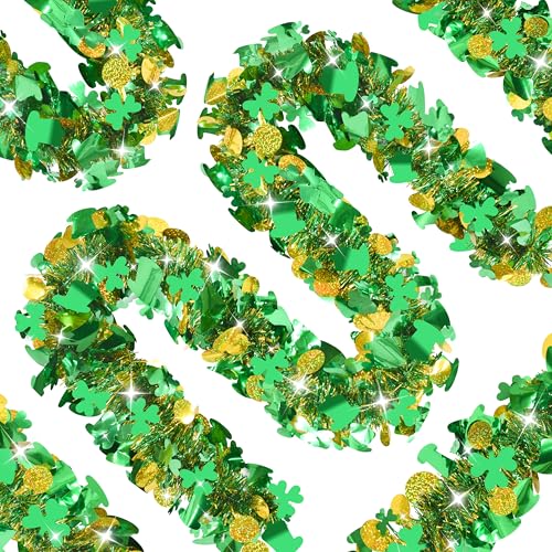 Image of Palonu 50FT St. Patrick's Day Tinsel Garland Green Shamrock Gold Coins Metallic Tinsel Twist Garland for Irish Saint Patricks Day Party Home Decor Indoor Outdoor Decoration