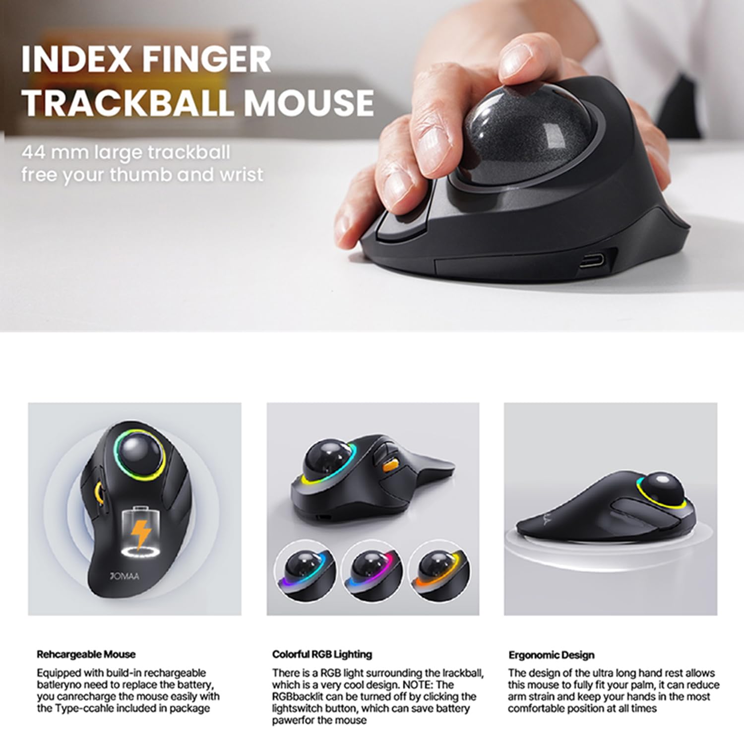 JOMAA Mouse trackball wireless Bluetooth con retroilluminazione RGB, controllo delle dita, interruttore a 3 dispositivi, silenzioso, ricaricabile, ergonomico, per ufficio, laptop, computer desktop