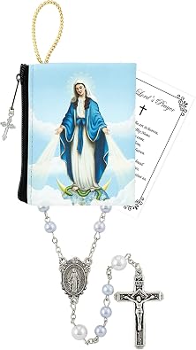 Rosary Miraculous Medal - White Pearl Miraculous Medal Rosary Beads, Our Lady of Grace Full Color Zippered Pouch, The Lords Prayer Card - Set of 3 Items