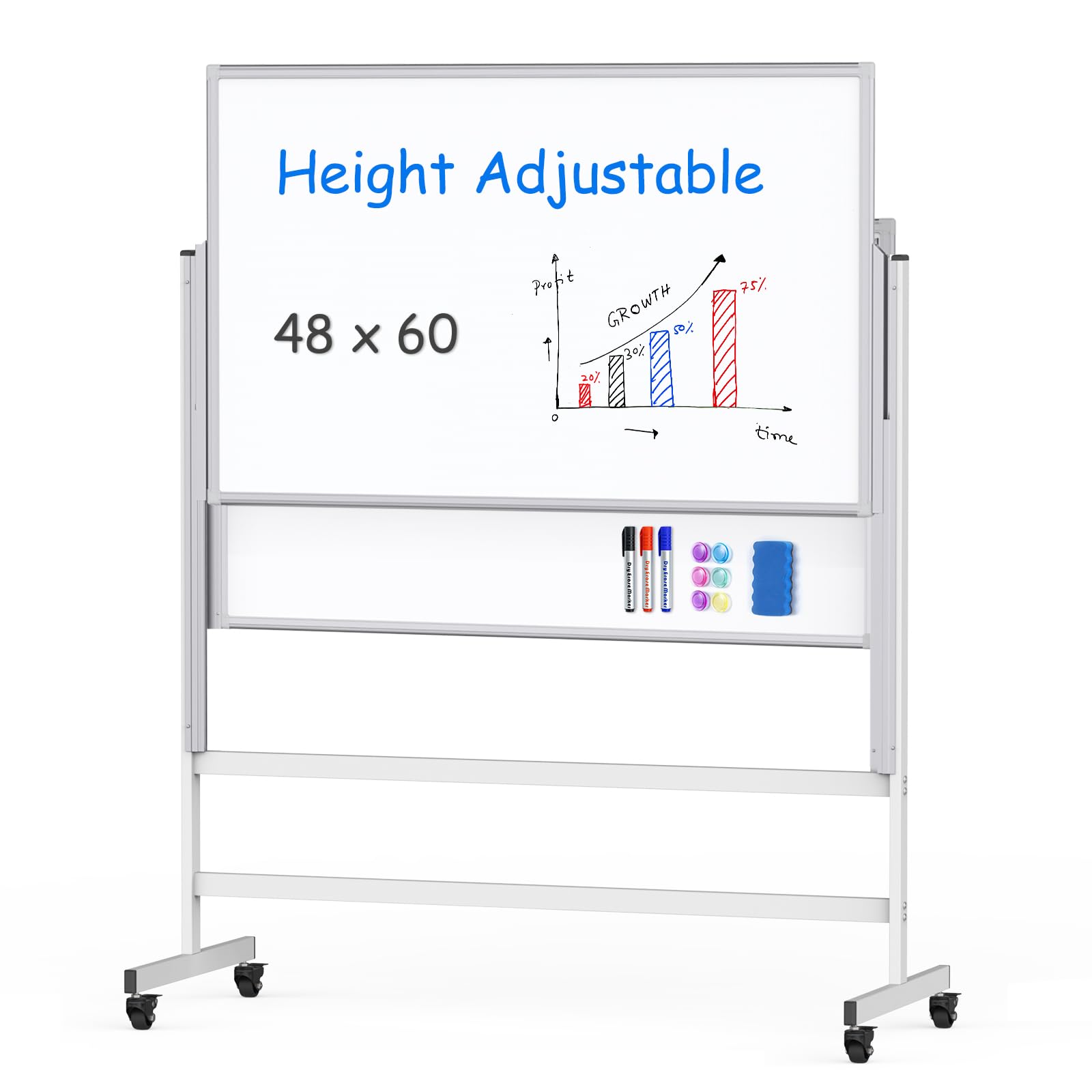 maxtek Dry Erase Whiteboard Height Adjustable Easel Stand Rolling White Board on Wheels - 48 x 60 Large