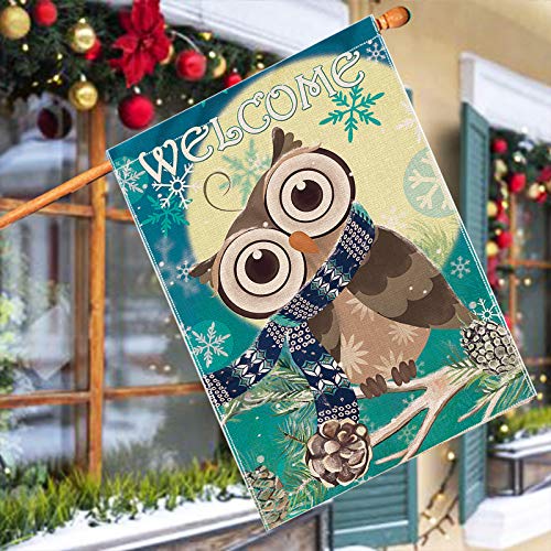 Hexagram Owl And Moon House Flag,Christmas Snowflake Winter Flags 28 X 40 Double Sided, Holiday Outdoor Burlap Turning Head Owl Welcome Quote Seasonal Garden Decoration #TOP1
