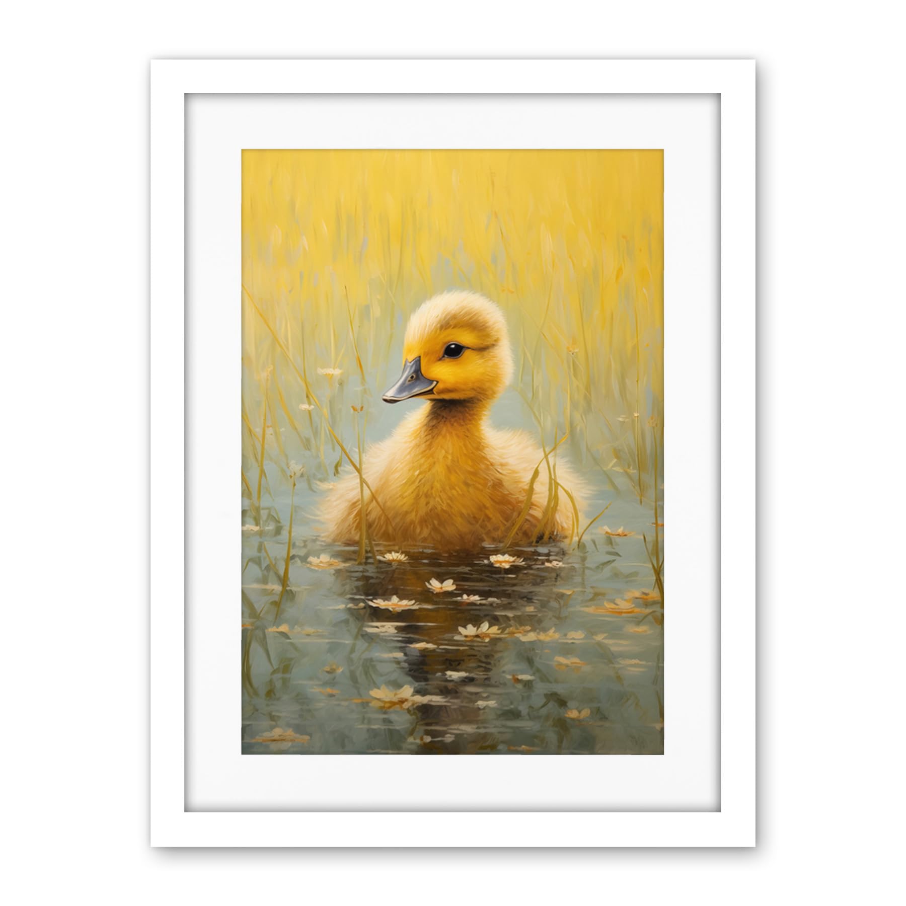 Artery8 Cute Yellow Ducking in Countryside Pond Oil Painting Kids Bedroom Baby Duck Bright Artwork Framed Wall Art Print 18X24 Inch