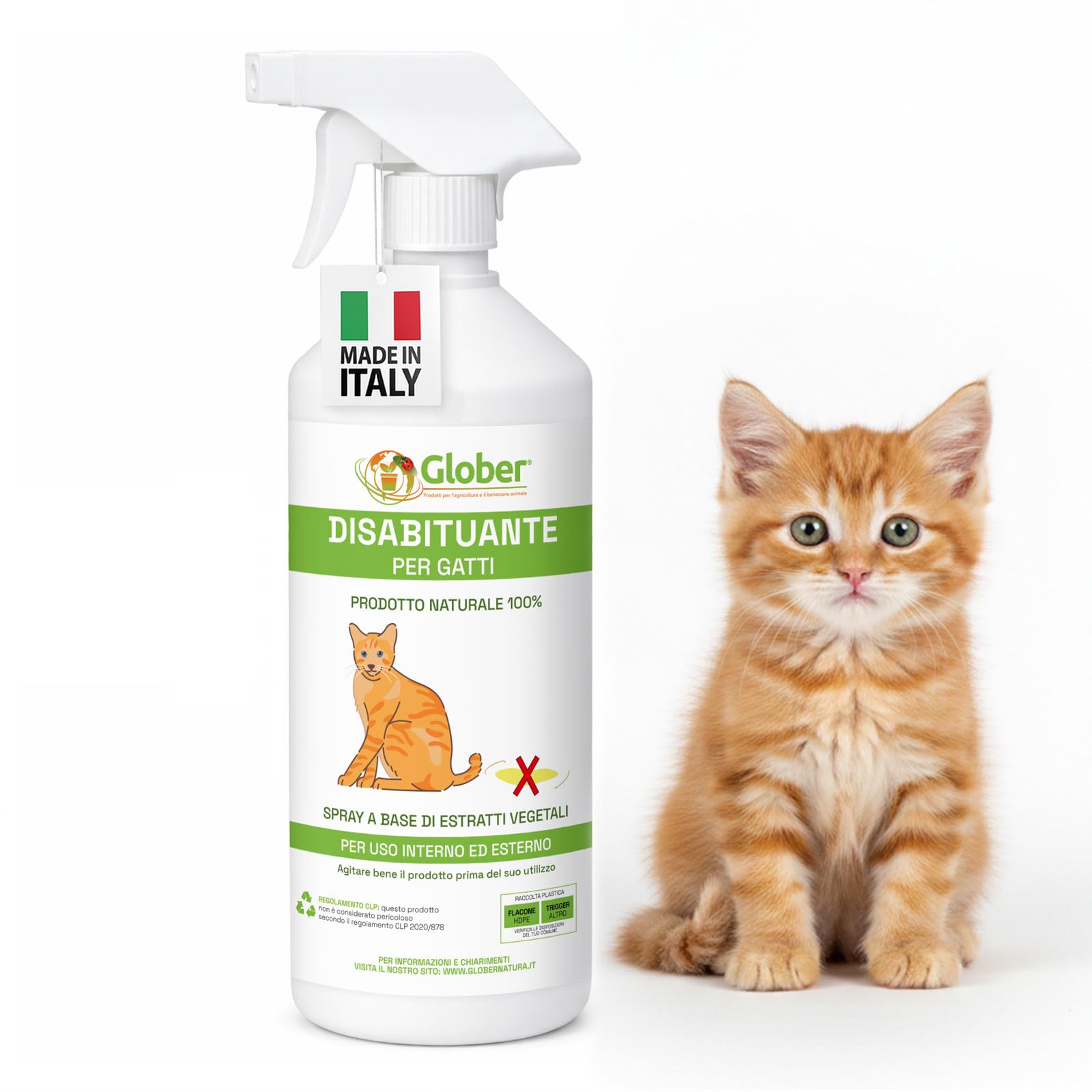 GLOBER Disabituante per Gatti Anti Urina - Spray 750ml - Made in Italy, 100% Base Vegetale per Interni ed Esterni - Addestrativo Urine Stop Gatto - Dissuasore Gatti e Elimina i Cattivi Odori